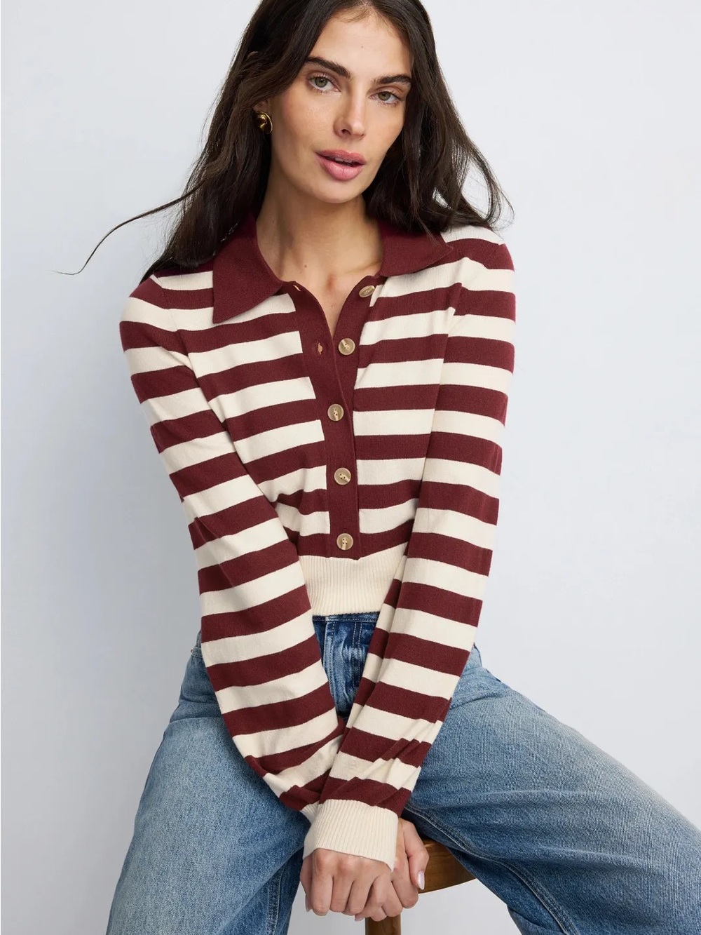 Striped Polo Collar Sweater in Cream and Burgundy